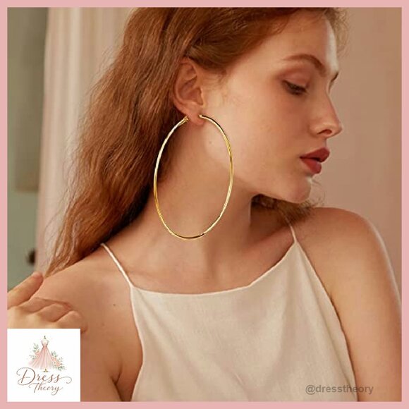 Large 100mm Hoop Earrings Hypoallergenic 14K Gold Plated Statement Jewelry - Picture 5 of 7